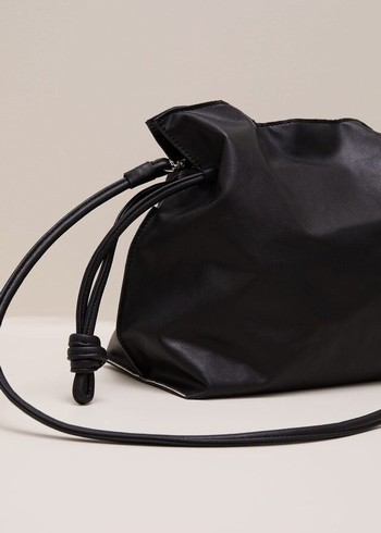 Phase Eight Black Leather Drawstring Soft Pouch Bags Black Australia | VH7285960